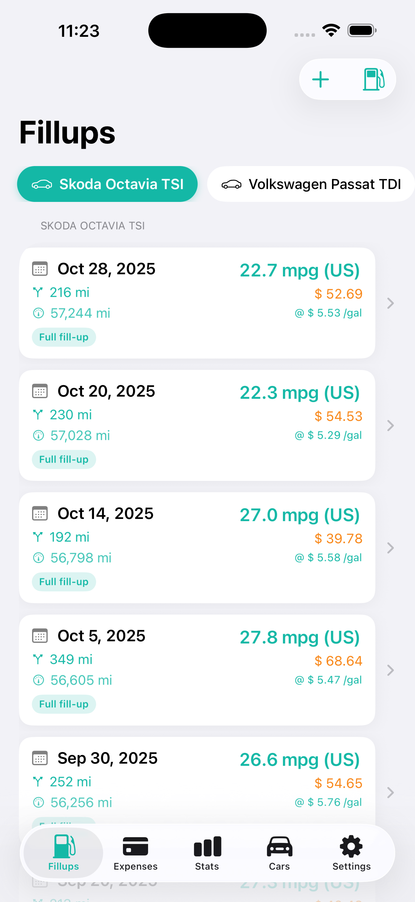 Fuel fill-ups list with dates, mileage, consumption and cost per fill-up