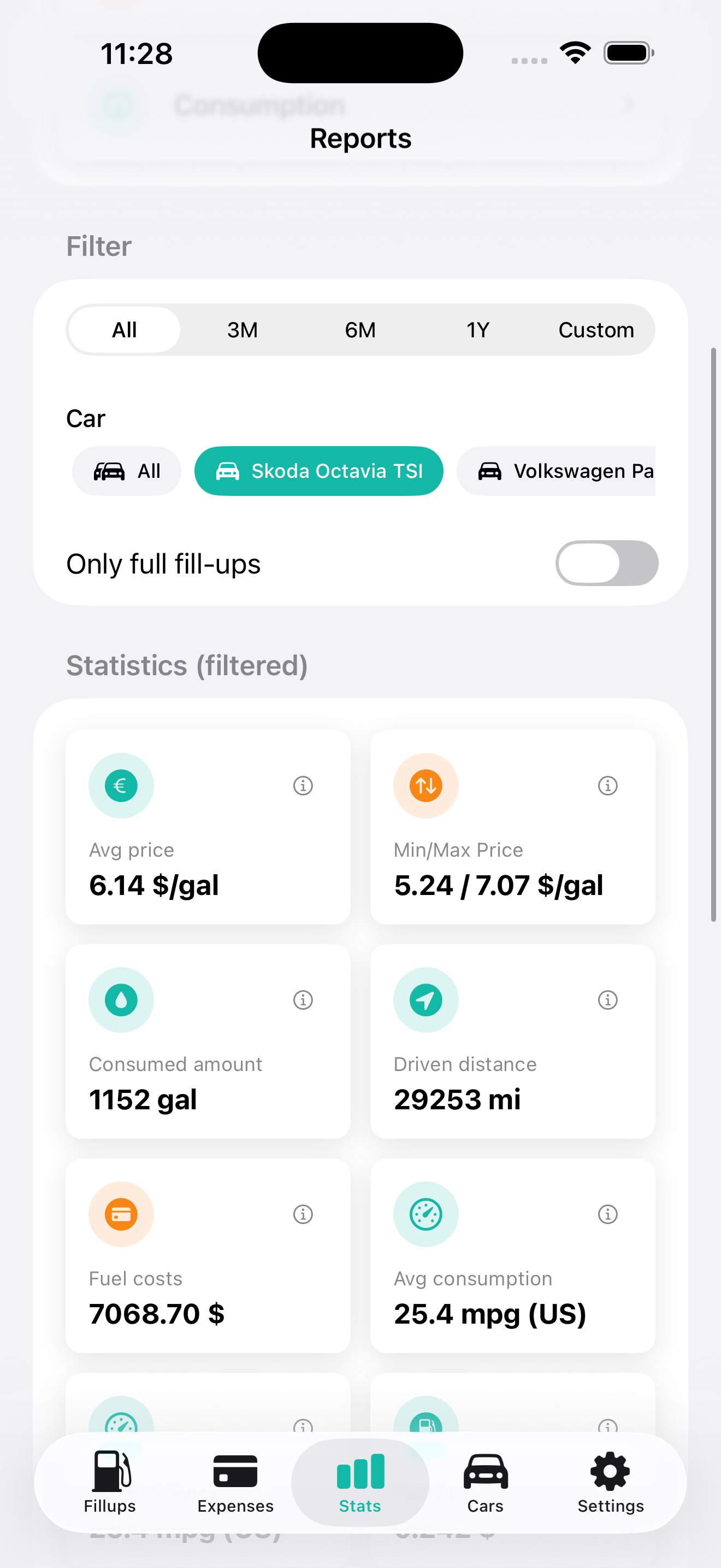 Fuel stats screen with avg price, consumed amount, driven distance and fuel costs